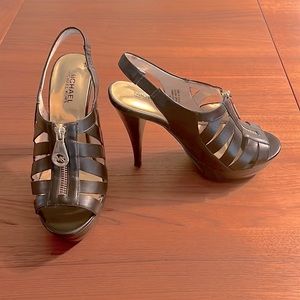 Michael by Michael Kors Black Leather Sling Back Platform Zip Up Heels -Size 6